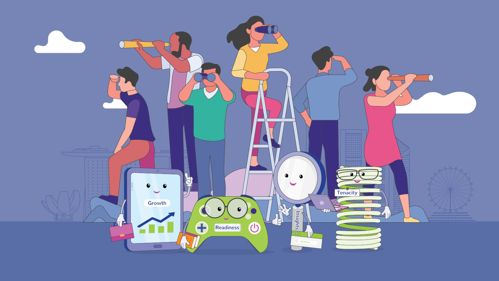Illustration of six individuals using binoculars or scanning the horizon, exploring a range of job opportunities with Career GRIT.