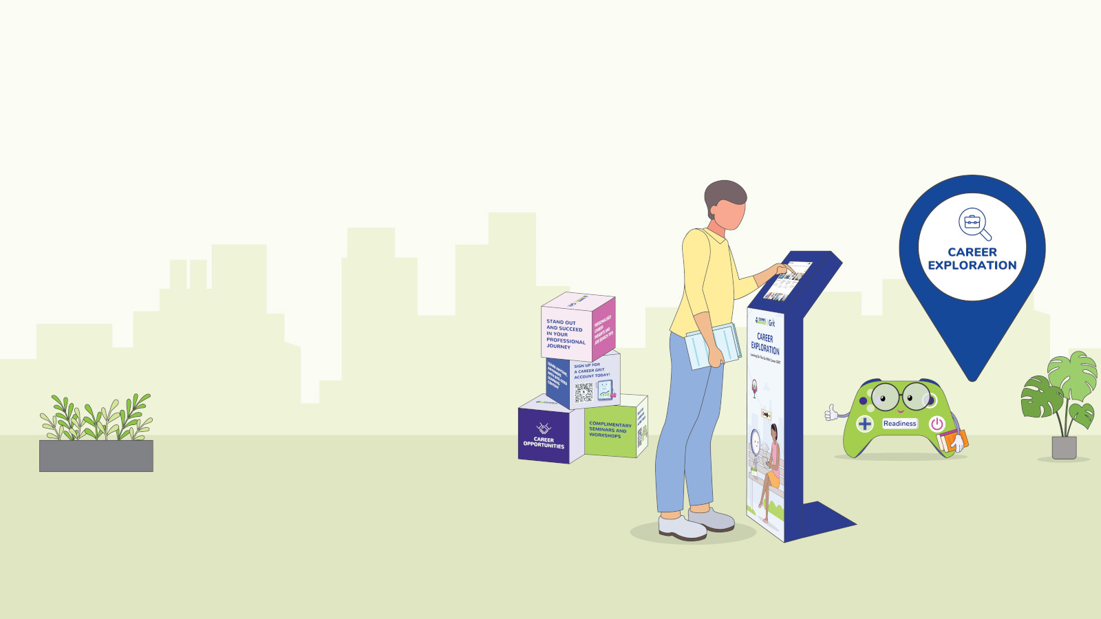 A illustration of a woman using a information kiosk surfing for information at a roadshow setting.