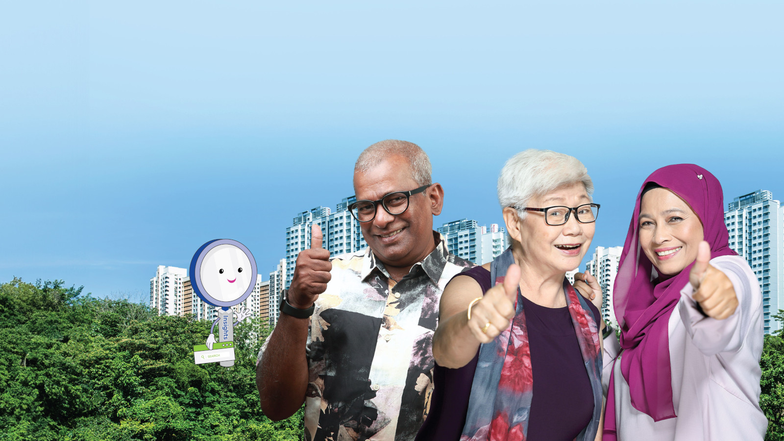 An image featuring three smiling seniors giving thumbs up, with an HDB background.